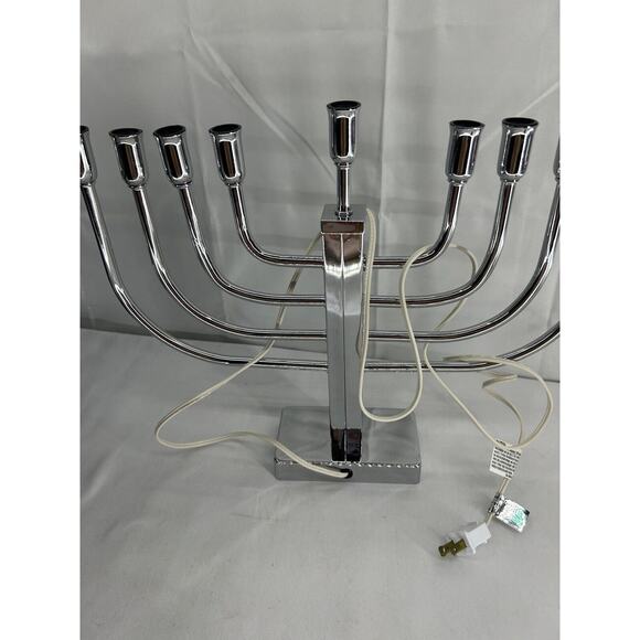 Silver Chrome Electric Lighted Menorah Flickering Bulbs Jacob Rosenthal 13" - Picture 6 of 8